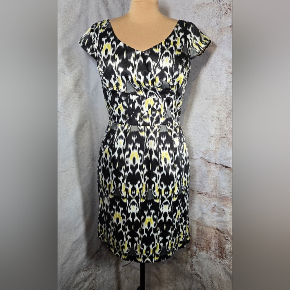 Antonio Melani Black White Yellow Midi Sheath Dress Tailored Waist Sz 12